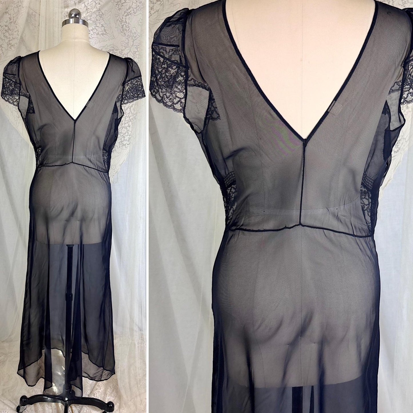 Vintage 1940's Sheer Black Rayon Chiffon Nightgown with Lace - Never Worn, Size S, M - Daggers & Dames