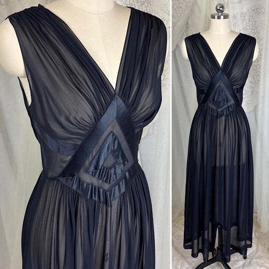 Vintage 1940's Sheer Black Silk Chiffon Nightgown with Satin Diamond Inset - By Fischer Heavenly Lingerie, Size XS, S - Daggers & Dames