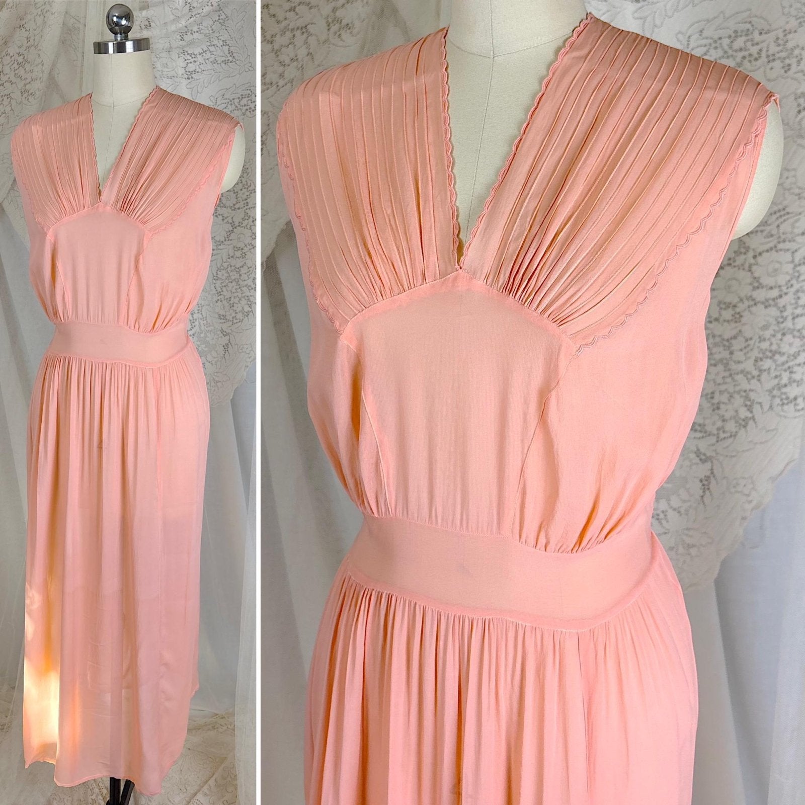 Vintage 1940's Sheer Coral Pink Rayon Chiffon Nightgown - From Hungary, Size S, M, LG - Daggers & Dames