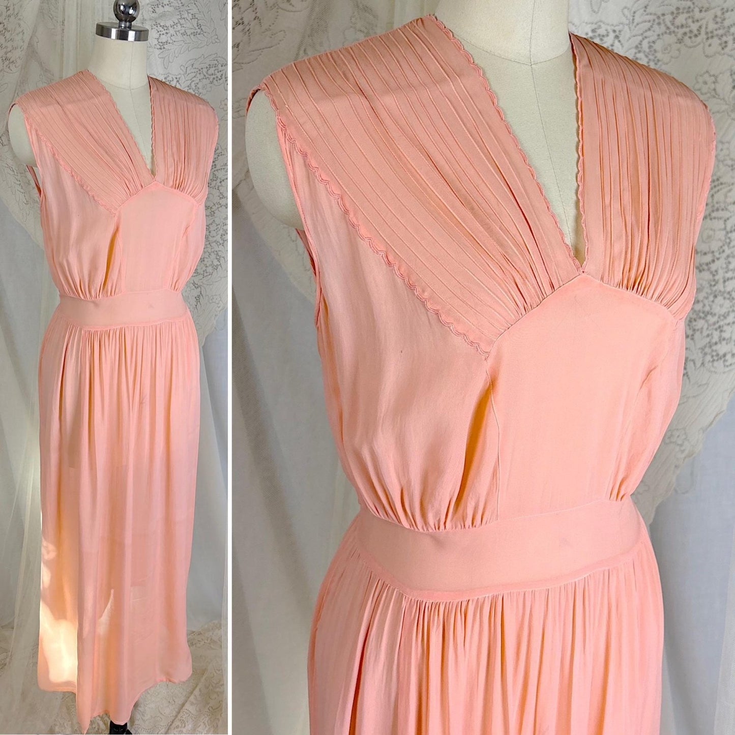 Vintage 1940's Sheer Coral Pink Rayon Chiffon Nightgown - From Hungary, Size S, M, LG - Daggers & Dames