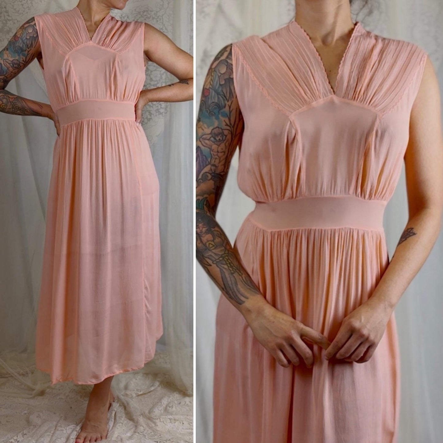 Vintage 1940's Sheer Coral Pink Rayon Chiffon Nightgown - From Hungary, Size S, M, LG - Daggers & Dames