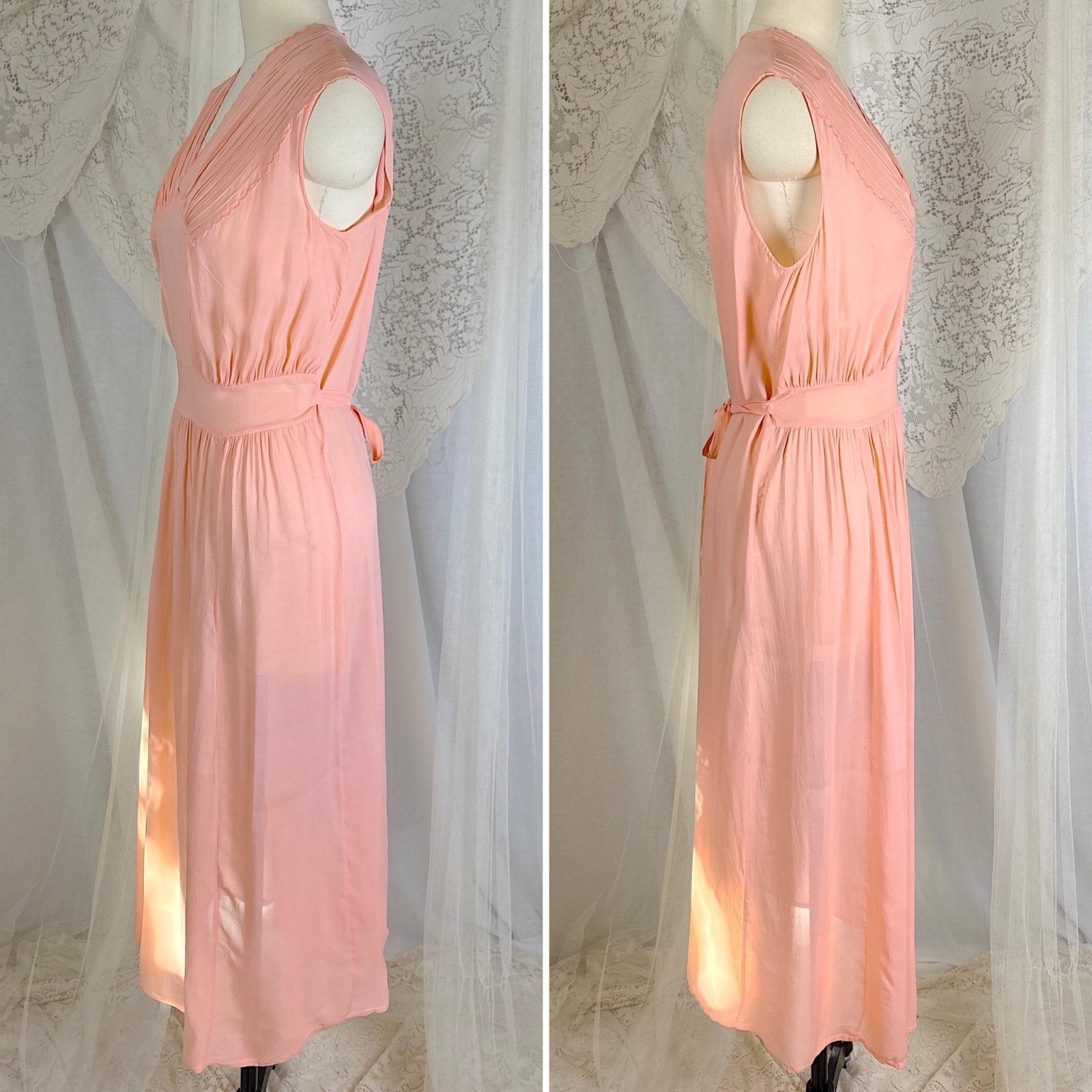 Vintage 1940's Sheer Coral Pink Rayon Chiffon Nightgown - From Hungary, Size S, M, LG - Daggers & Dames