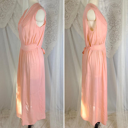 Vintage 1940's Sheer Coral Pink Rayon Chiffon Nightgown - From Hungary, Size S, M, LG - Daggers & Dames