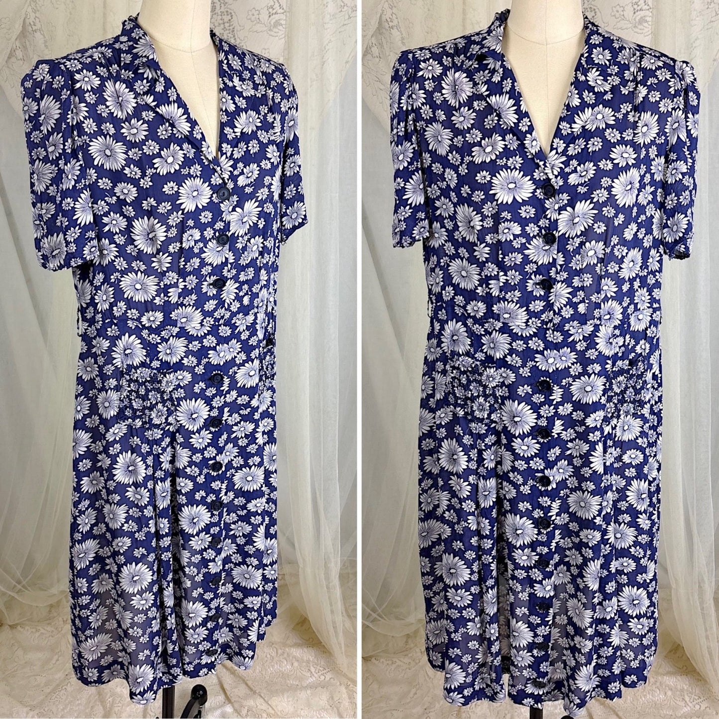 Vintage 1940's Sheer Navy Blue Rayon Shirtwaist Dress with Daisy Print - Size LG, XLG - Daggers & Dames