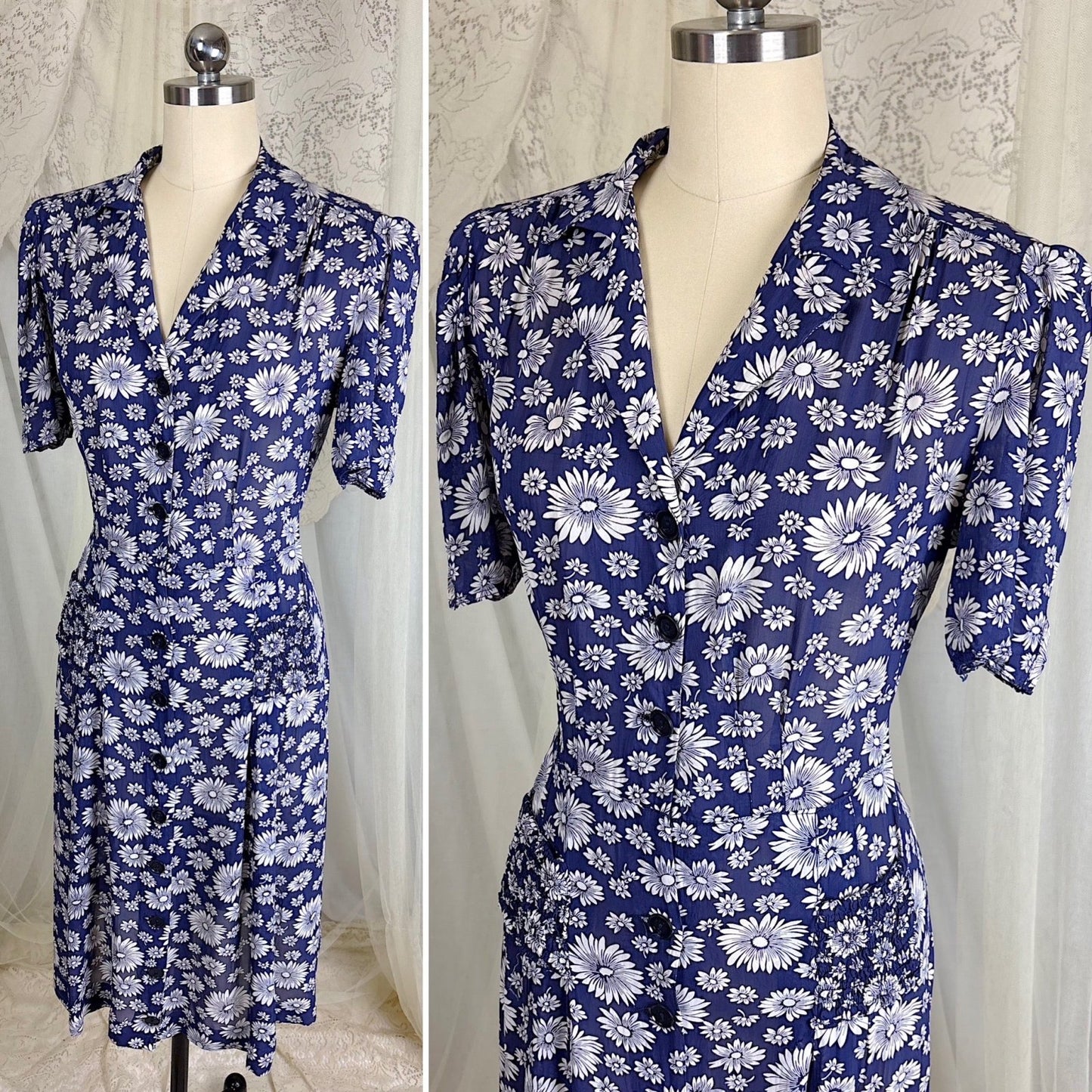 Vintage 1940's Sheer Navy Blue Rayon Shirtwaist Dress with Daisy Print - Size LG, XLG - Daggers & Dames