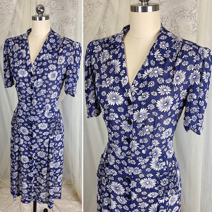 Vintage 1940's Sheer Navy Blue Rayon Shirtwaist Dress with Daisy Print - Size LG, XLG - Daggers & Dames