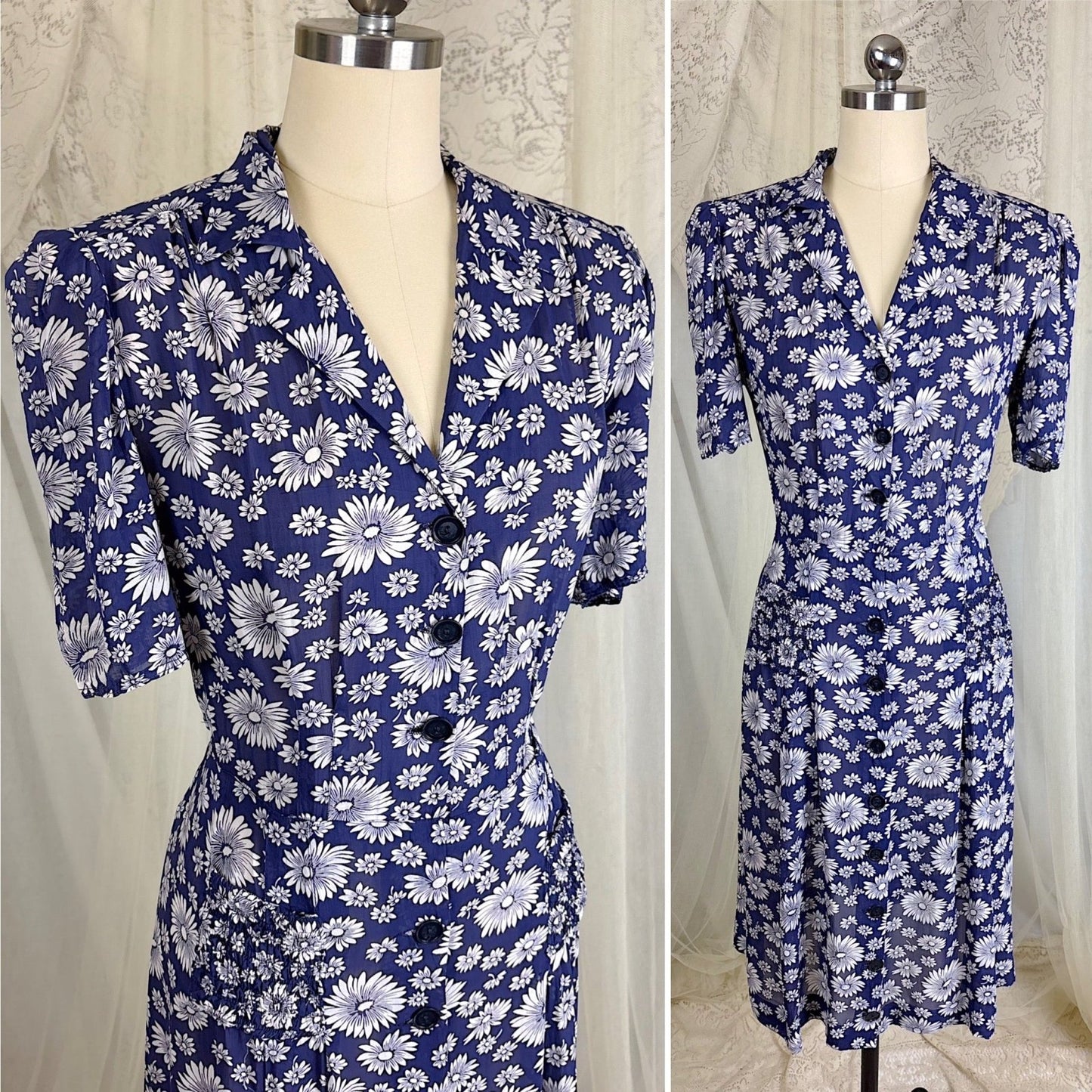 Vintage 1940's Sheer Navy Blue Rayon Shirtwaist Dress with Daisy Print - Size LG, XLG - Daggers & Dames