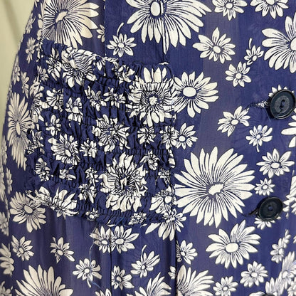 Vintage 1940's Sheer Navy Blue Rayon Shirtwaist Dress with Daisy Print - Size LG, XLG - Daggers & Dames