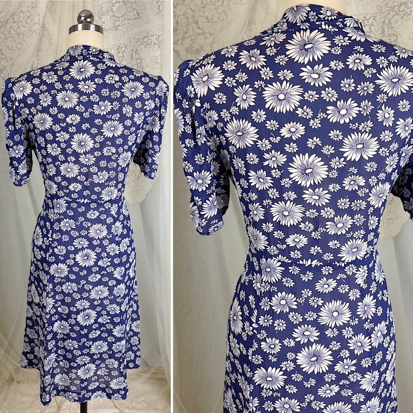 Vintage 1940's Sheer Navy Blue Rayon Shirtwaist Dress with Daisy Print - Size LG, XLG - Daggers & Dames