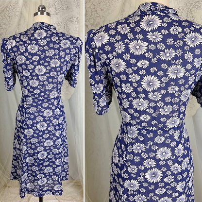Vintage 1940's Sheer Navy Blue Rayon Shirtwaist Dress with Daisy Print - Size LG, XLG - Daggers & Dames