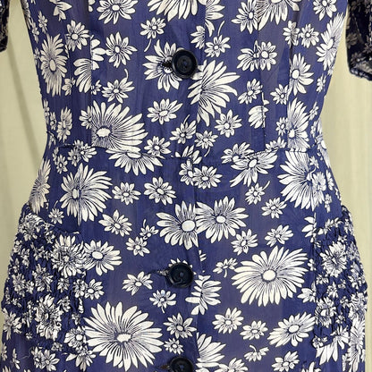 Vintage 1940's Sheer Navy Blue Rayon Shirtwaist Dress with Daisy Print - Size LG, XLG - Daggers & Dames
