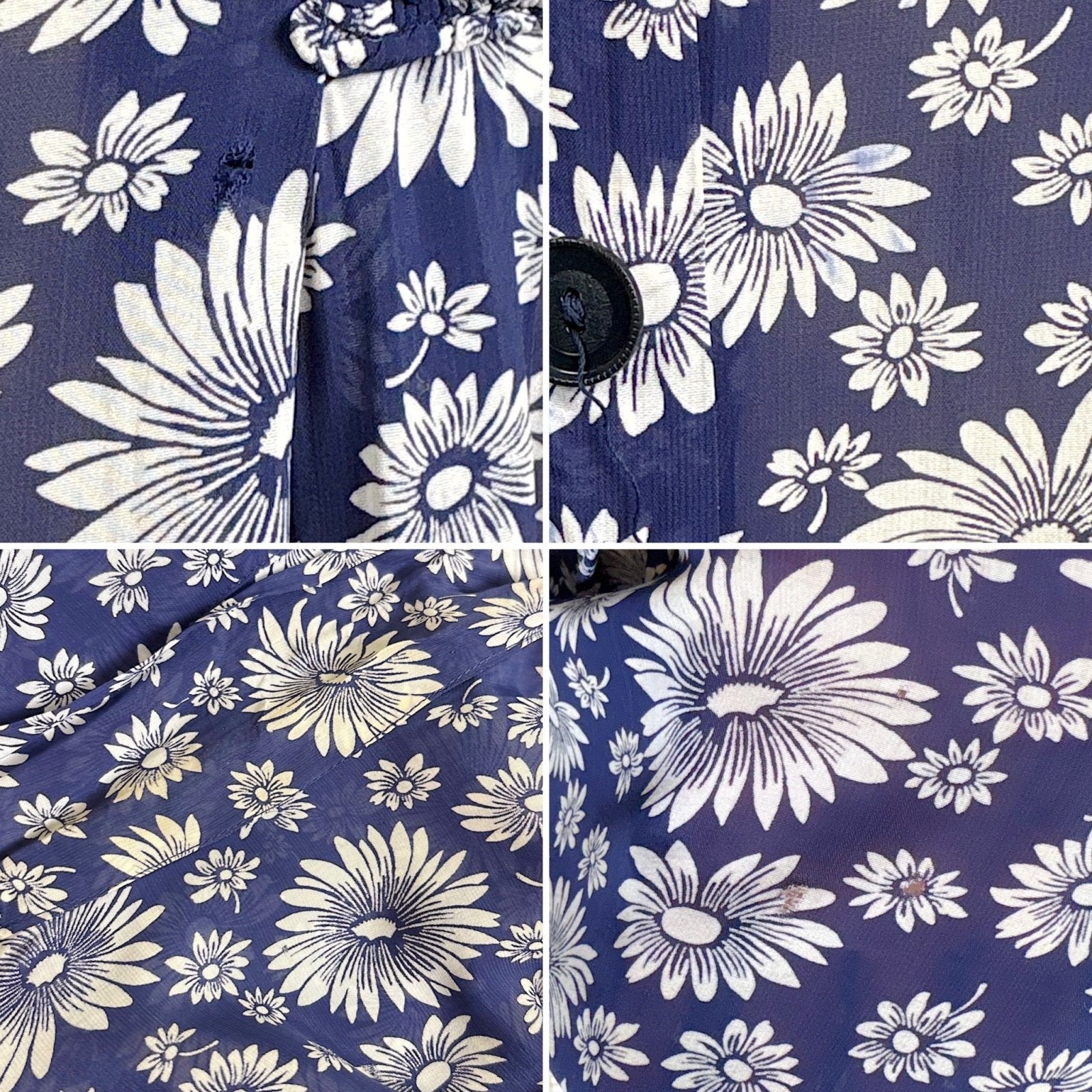 Vintage 1940's Sheer Navy Blue Rayon Shirtwaist Dress with Daisy Print - Size LG, XLG - Daggers & Dames