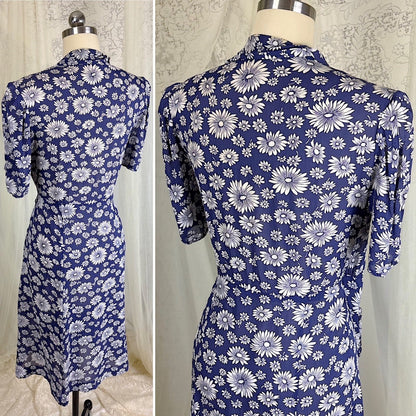 Vintage 1940's Sheer Navy Blue Rayon Shirtwaist Dress with Daisy Print - Size LG, XLG - Daggers & Dames