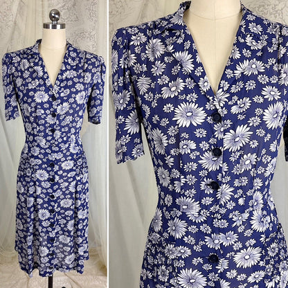 Vintage 1940's Sheer Navy Blue Rayon Shirtwaist Dress with Daisy Print - Size LG, XLG - Daggers & Dames