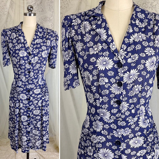 Vintage 1940's Sheer Navy Blue Rayon Shirtwaist Dress with Daisy Print - Size LG, XLG - Daggers & Dames