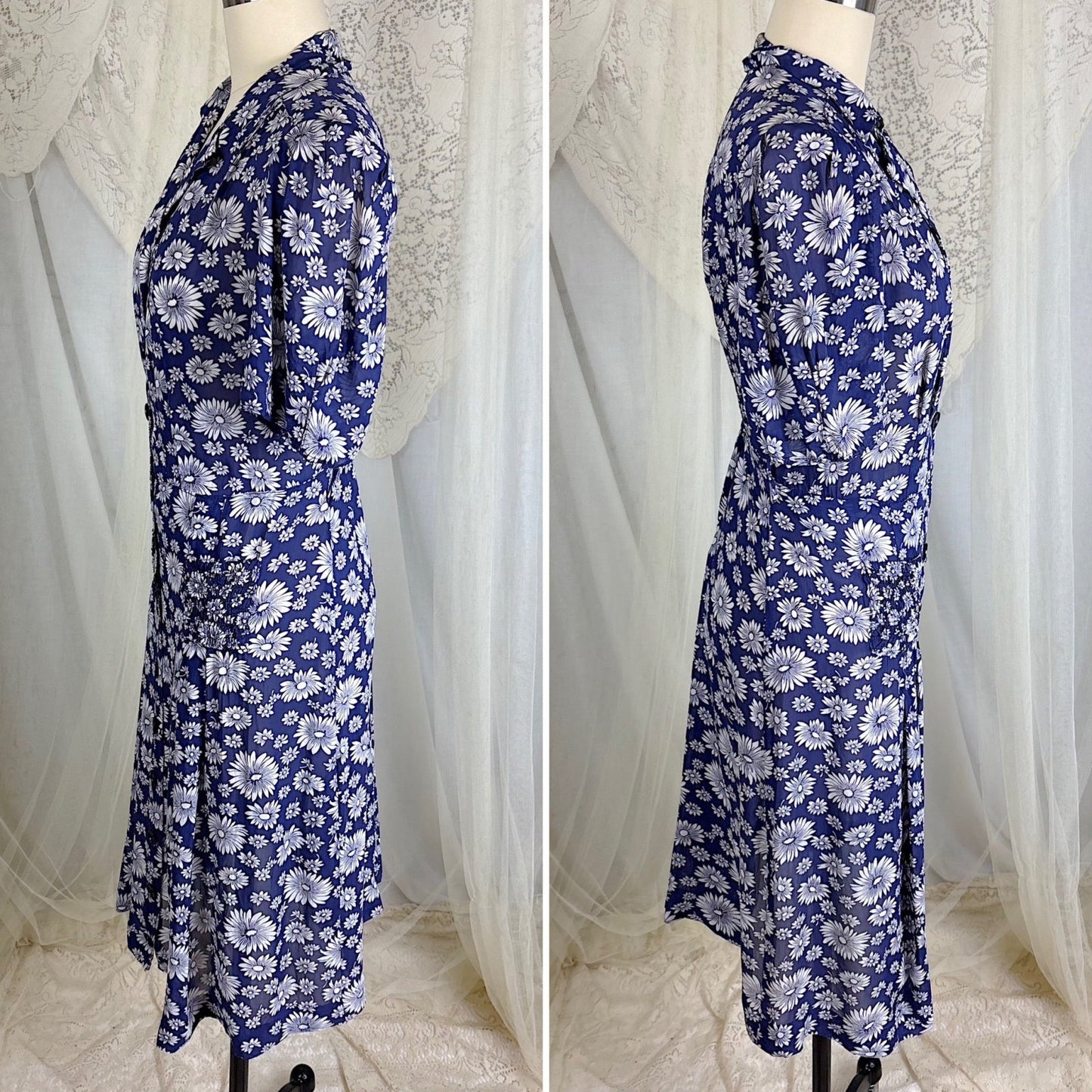 Vintage 1940's Sheer Navy Blue Rayon Shirtwaist Dress with Daisy Print - Size LG, XLG - Daggers & Dames