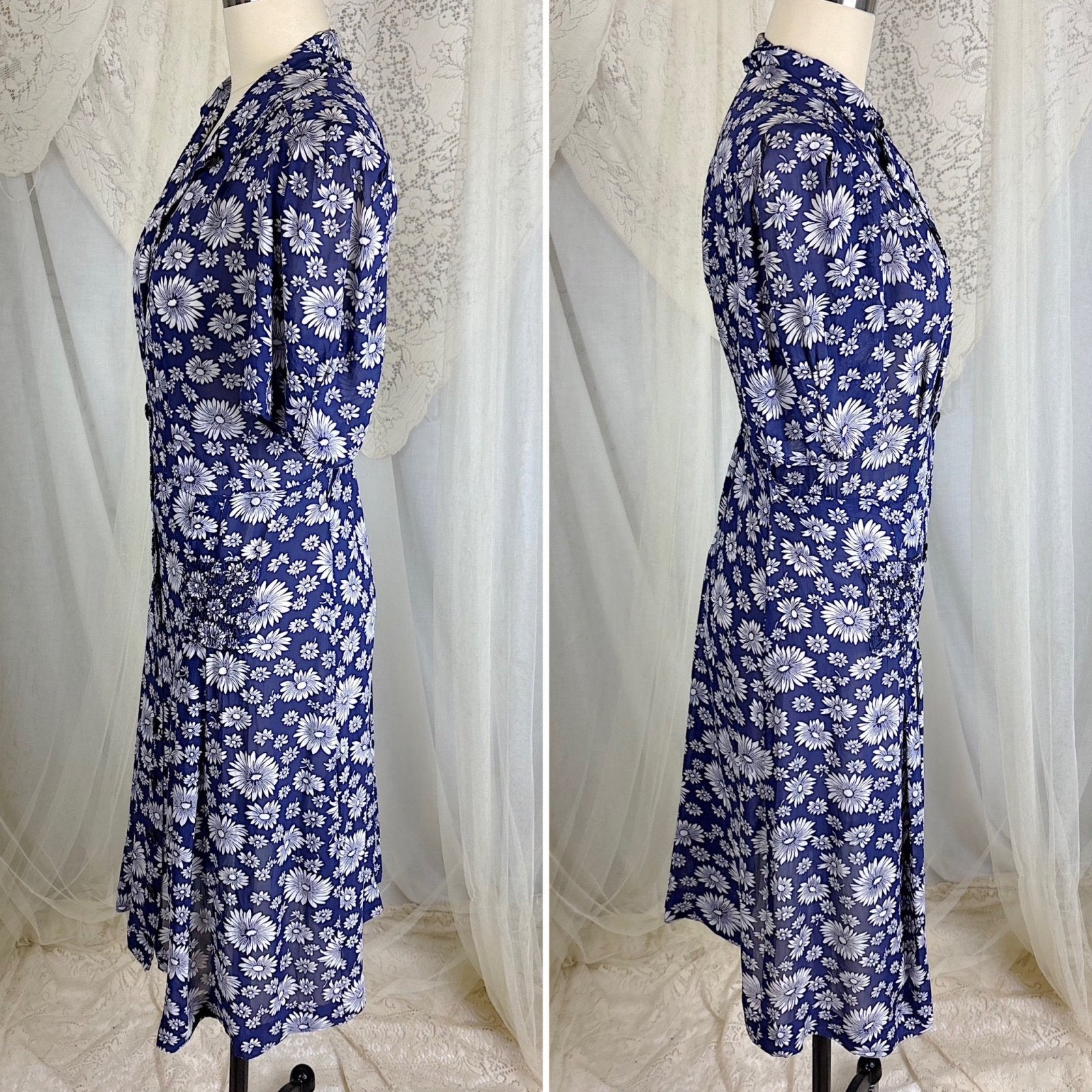 Vintage 1940's Sheer Navy Blue Rayon Shirtwaist Dress with Daisy Print - Size LG, XLG - Daggers & Dames