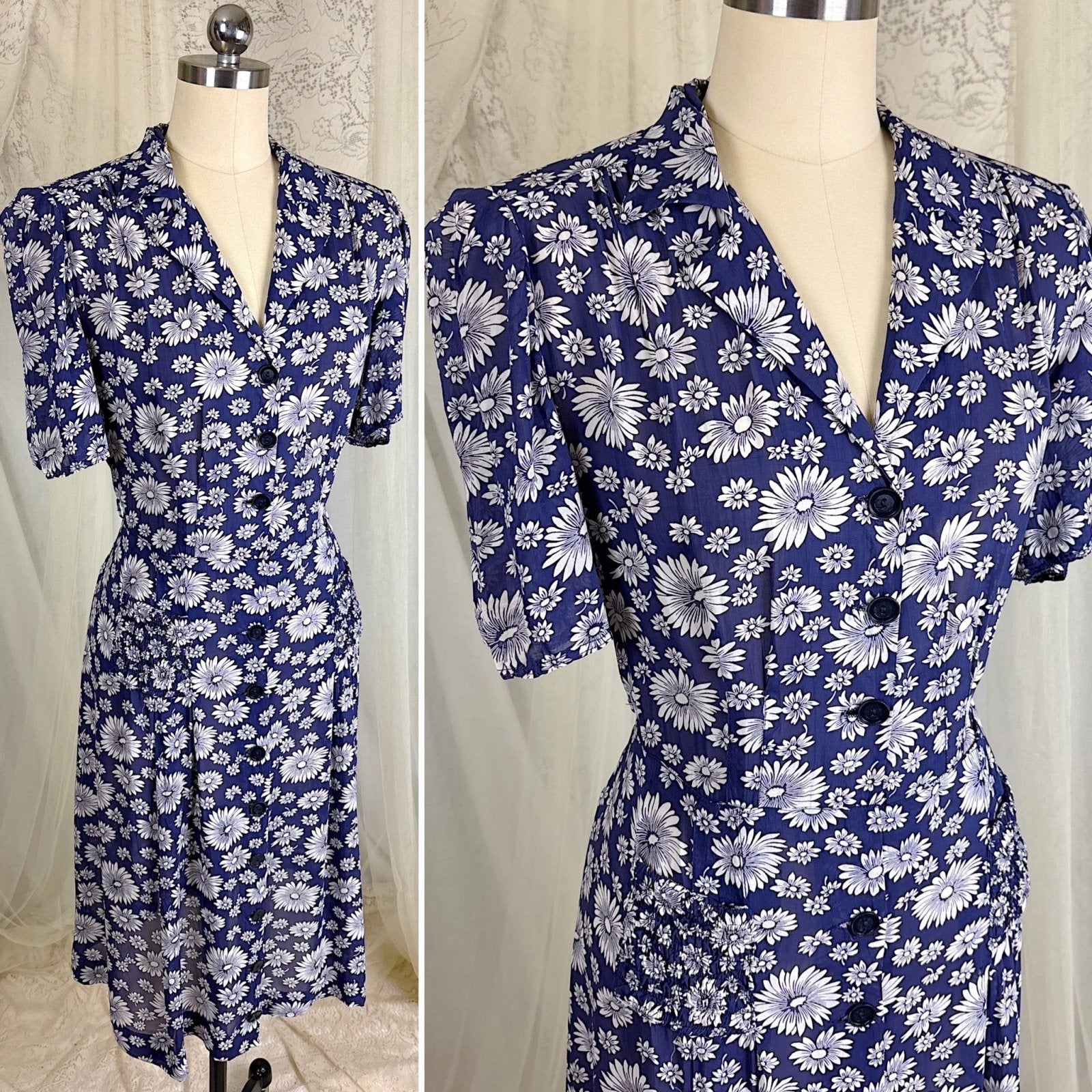 Vintage 1940's Sheer Navy Blue Rayon Shirtwaist Dress with Daisy Print - Size LG, XLG - Daggers & Dames