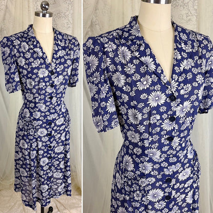 Vintage 1940's Sheer Navy Blue Rayon Shirtwaist Dress with Daisy Print - Size LG, XLG - Daggers & Dames