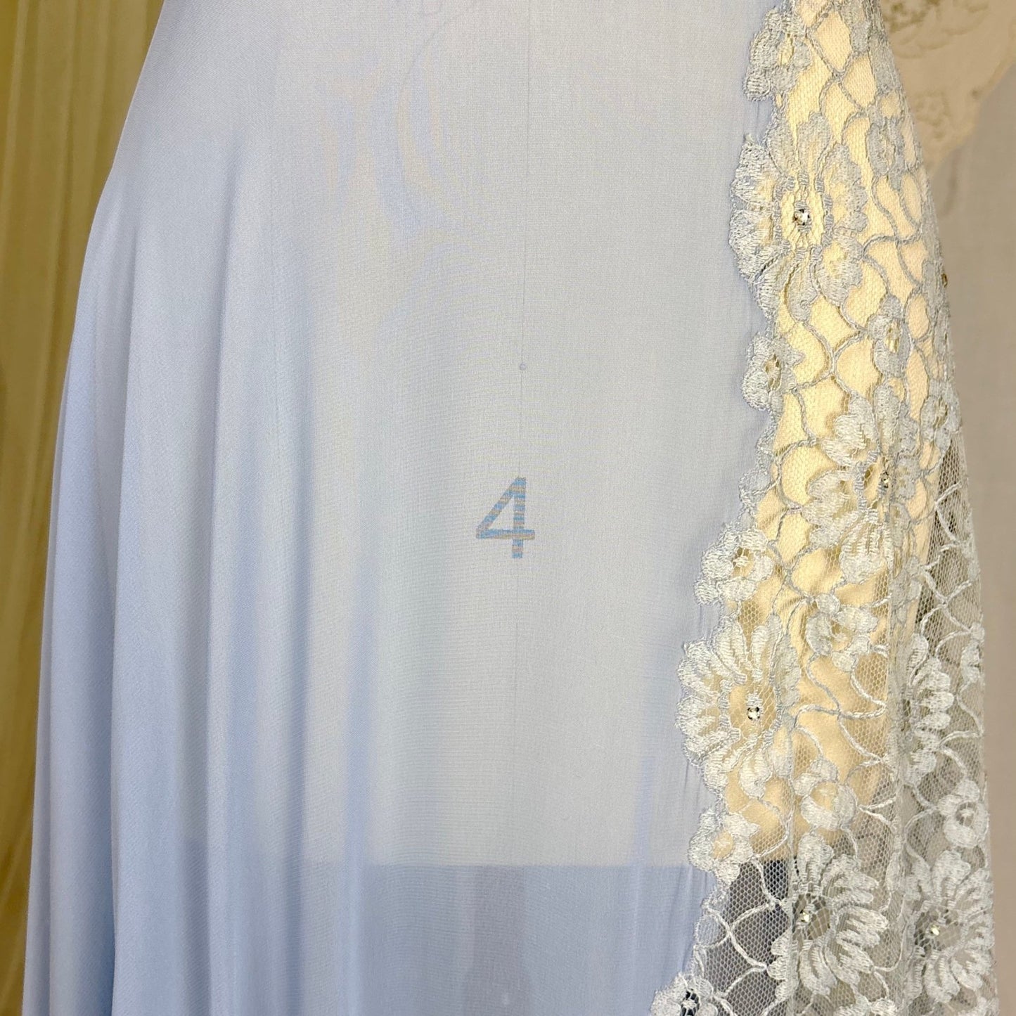 Vintage 1940's Sheer Periwinkle Blue Rayon Chiffon Maxi Dress with Rhinestone Lace Panel - by Glen - Joan, size M - Daggers & Dames