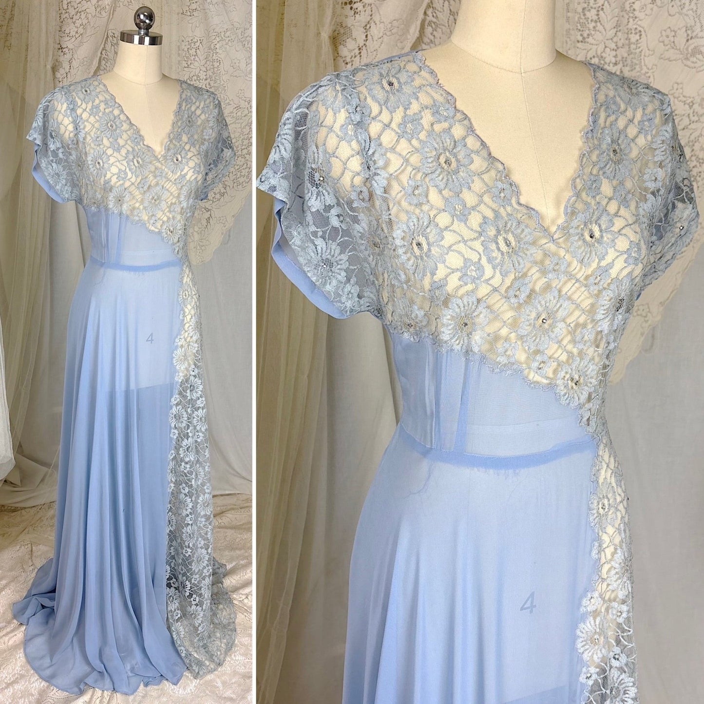 Vintage 1940's Sheer Periwinkle Blue Rayon Chiffon Maxi Dress with Rhinestone Lace Panel - by Glen - Joan, size M - Daggers & Dames