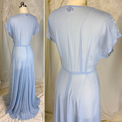 Vintage 1940's Sheer Periwinkle Blue Rayon Chiffon Maxi Dress with Rhinestone Lace Panel - by Glen - Joan, size M - Daggers & Dames