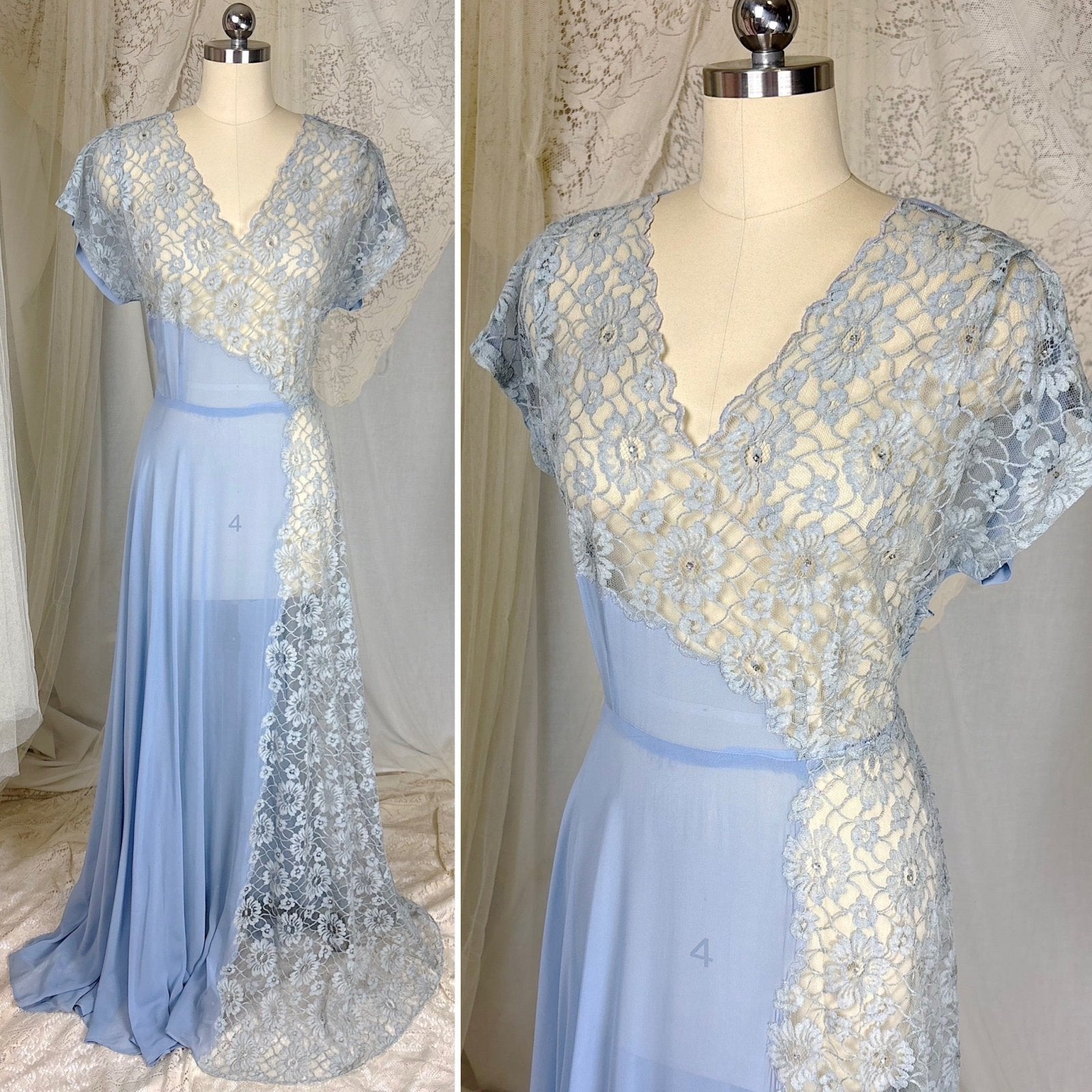 Vintage 1940's Sheer Periwinkle Blue Rayon Chiffon Maxi Dress with Rhinestone Lace Panel - by Glen - Joan, size M - Daggers & Dames