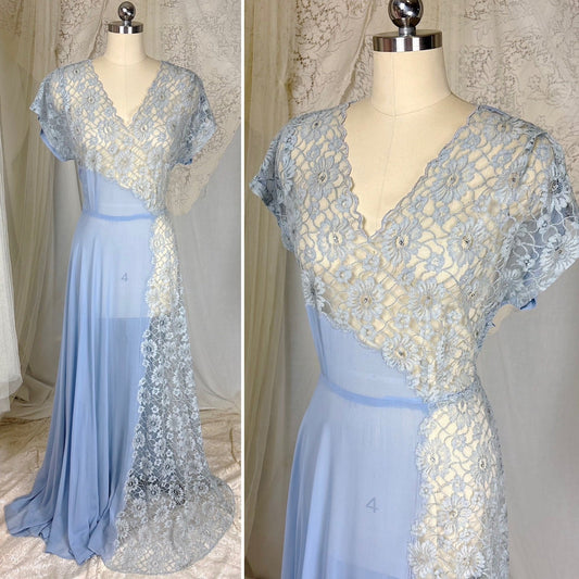 Vintage 1940's Sheer Periwinkle Blue Rayon Chiffon Maxi Dress with Rhinestone Lace Panel - by Glen - Joan, size M - Daggers & Dames