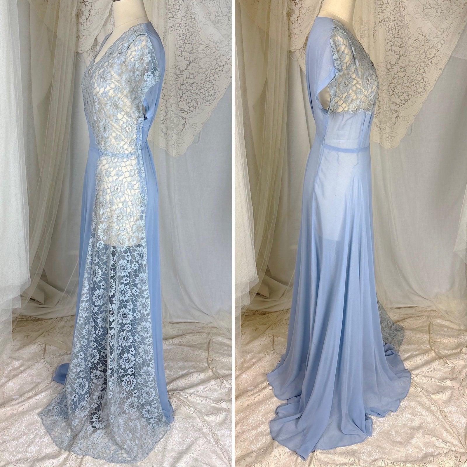 Vintage 1940's Sheer Periwinkle Blue Rayon Chiffon Maxi Dress with Rhinestone Lace Panel - by Glen - Joan, size M - Daggers & Dames