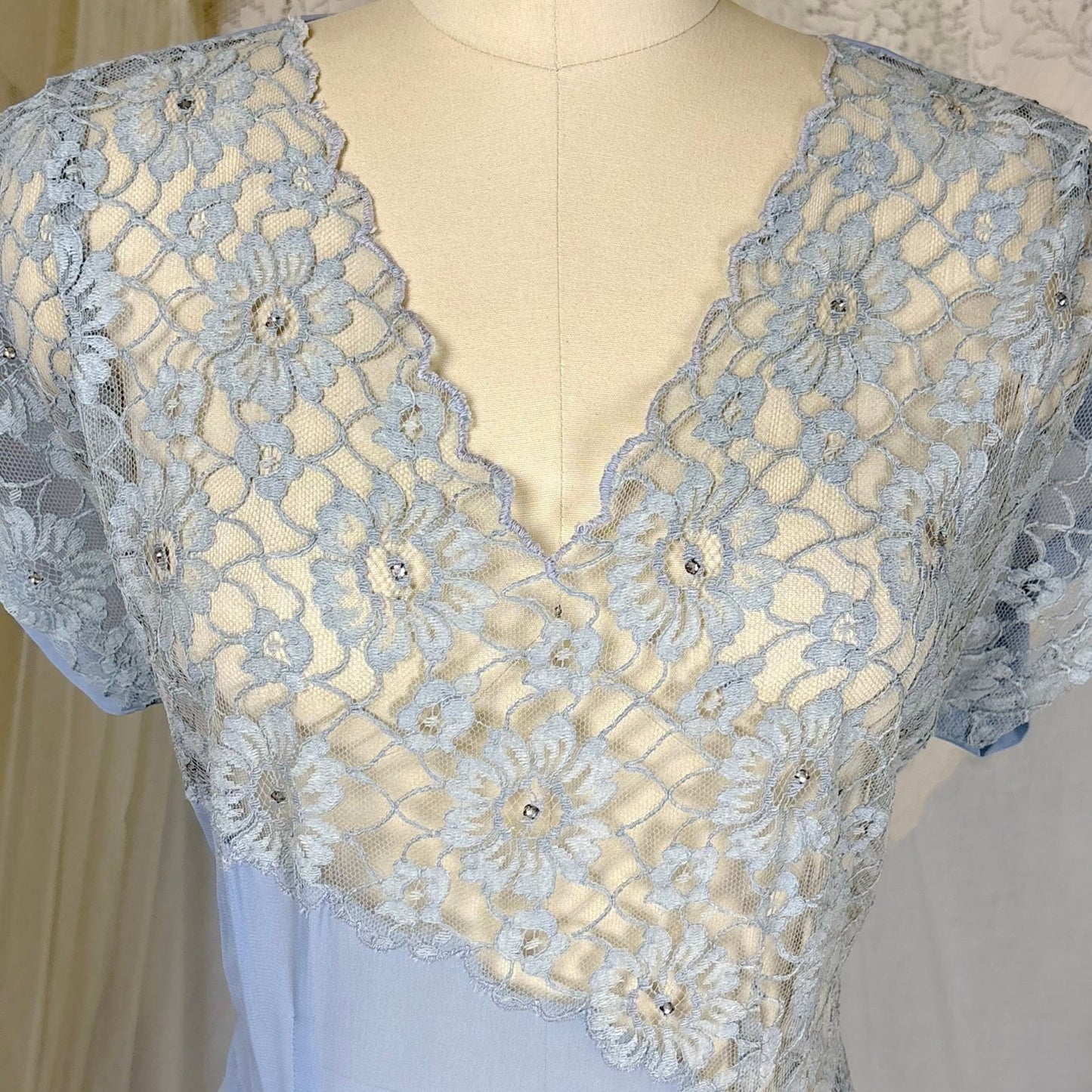 Vintage 1940's Sheer Periwinkle Blue Rayon Chiffon Maxi Dress with Rhinestone Lace Panel - by Glen - Joan, size M - Daggers & Dames