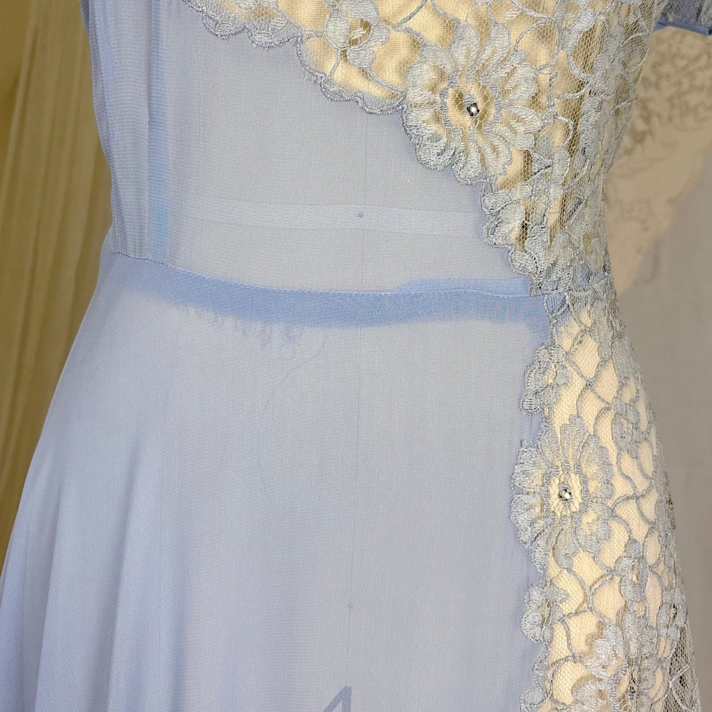 Vintage 1940's Sheer Periwinkle Blue Rayon Chiffon Maxi Dress with Rhinestone Lace Panel - by Glen - Joan, size M - Daggers & Dames