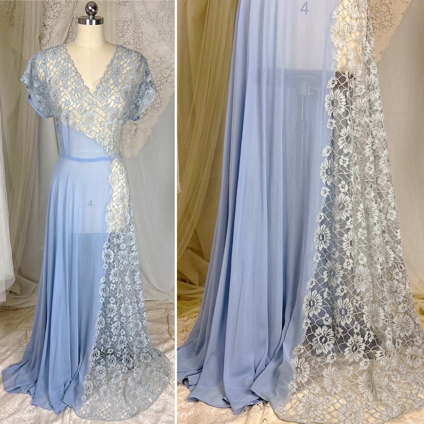 Vintage 1940's Sheer Periwinkle Blue Rayon Chiffon Maxi Dress with Rhinestone Lace Panel - by Glen - Joan, size M - Daggers & Dames