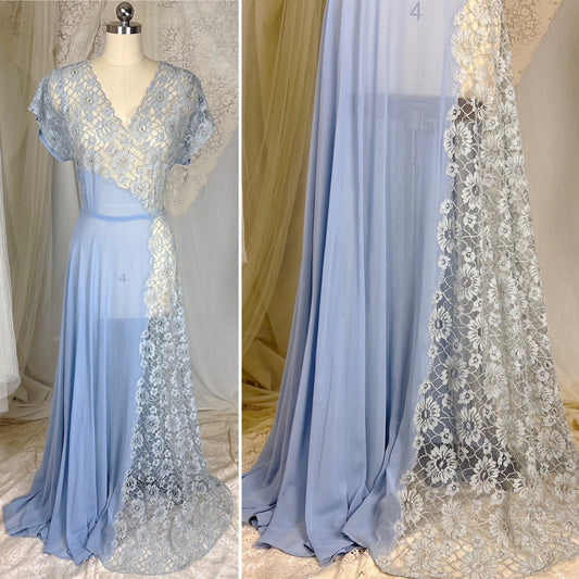 Vintage 1940's Sheer Periwinkle Blue Rayon Chiffon Maxi Dress with Rhinestone Lace Panel - by Glen - Joan, size M - Daggers & Dames