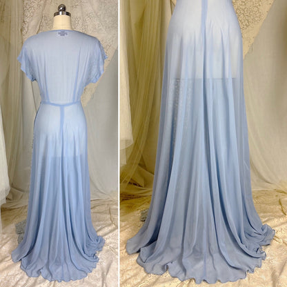 Vintage 1940's Sheer Periwinkle Blue Rayon Chiffon Maxi Dress with Rhinestone Lace Panel - by Glen - Joan, size M - Daggers & Dames