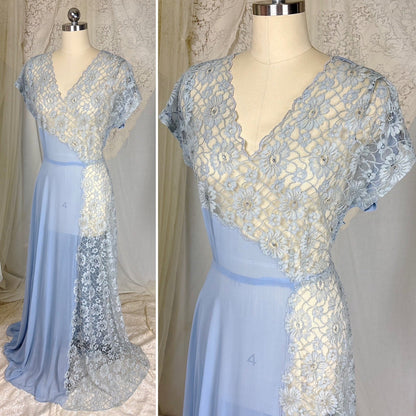 Vintage 1940's Sheer Periwinkle Blue Rayon Chiffon Maxi Dress with Rhinestone Lace Panel - by Glen - Joan, size M - Daggers & Dames