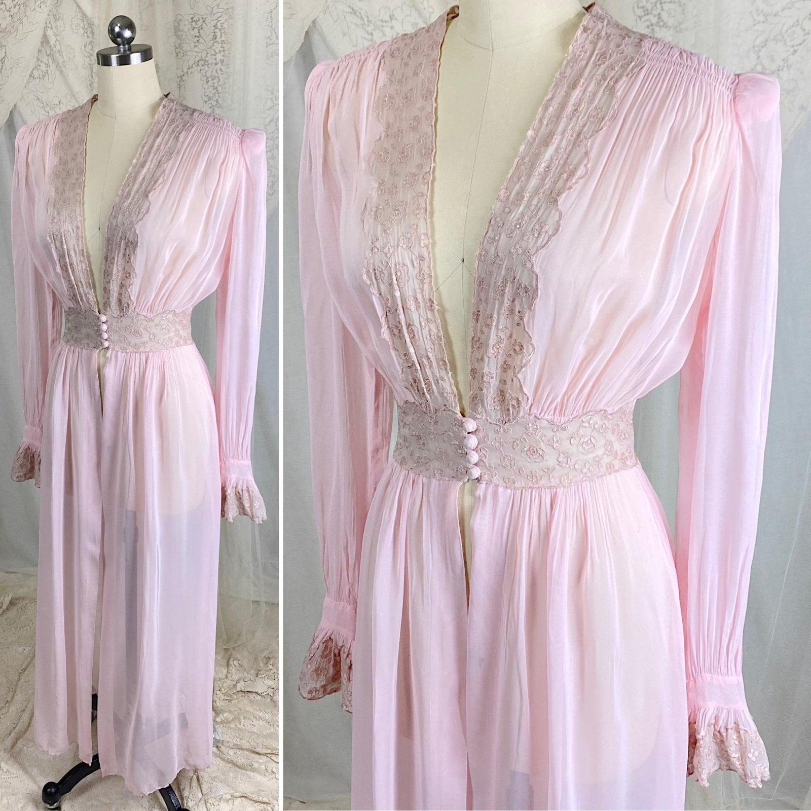 Vintage 1940's Sheer Pink Rayon Chiffon Dressing Gown with Warm Nude Embroidered Lace & Ruffled Bell Cuff Sleeves – Size XS, S - Daggers & Dames