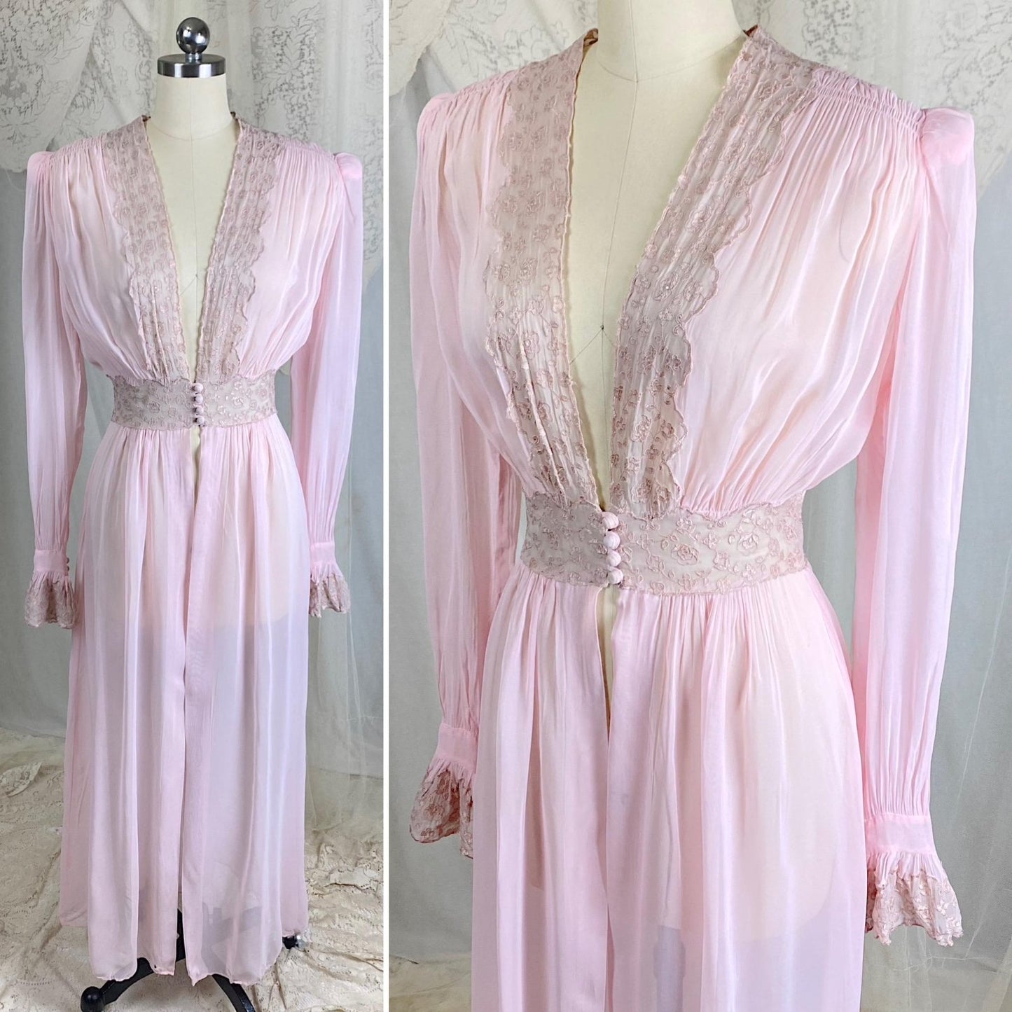 Vintage 1940's Sheer Pink Rayon Chiffon Dressing Gown with Warm Nude Embroidered Lace & Ruffled Bell Cuff Sleeves – Size XS, S - Daggers & Dames