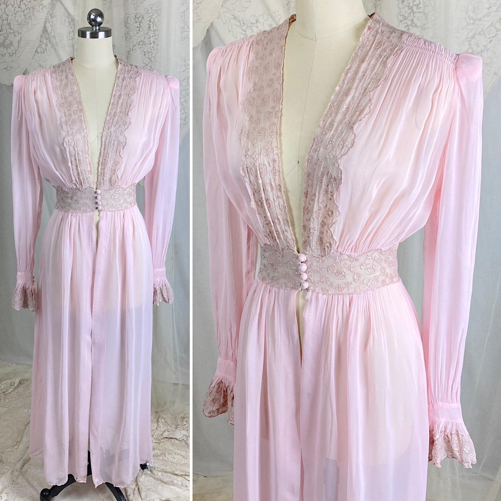 Vintage 1940's Sheer Pink Rayon Chiffon Dressing Gown with Warm Nude Embroidered Lace & Ruffled Bell Cuff Sleeves – Size XS, S - Daggers & Dames