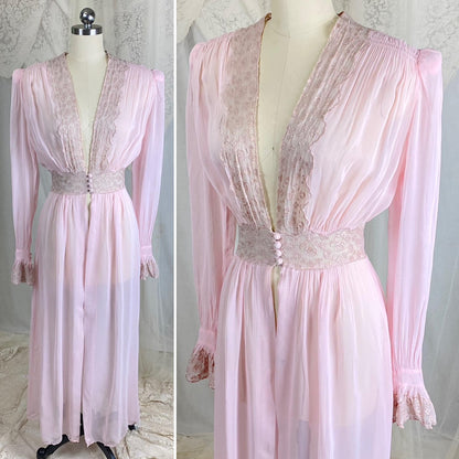 Vintage 1940's Sheer Pink Rayon Chiffon Dressing Gown with Warm Nude Embroidered Lace & Ruffled Bell Cuff Sleeves – Size XS, S - Daggers & Dames
