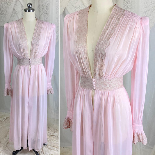 Vintage 1940's Sheer Pink Rayon Chiffon Dressing Gown with Warm Nude Embroidered Lace & Ruffled Bell Cuff Sleeves – Size XS, S - Daggers & Dames