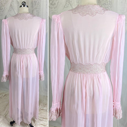 Vintage 1940's Sheer Pink Rayon Chiffon Dressing Gown with Warm Nude Embroidered Lace & Ruffled Bell Cuff Sleeves – Size XS, S - Daggers & Dames
