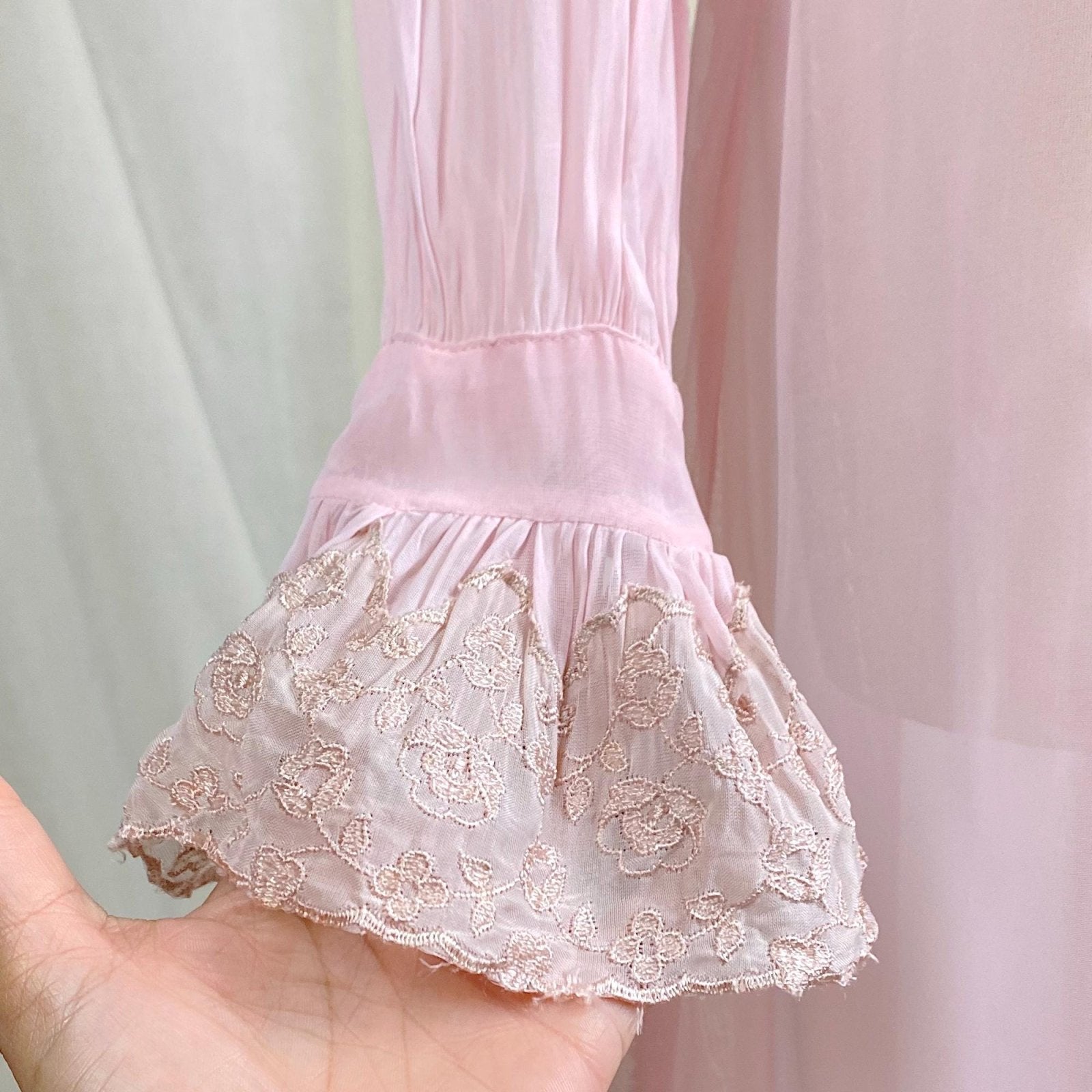 Vintage 1940's Sheer Pink Rayon Chiffon Dressing Gown with Warm Nude Embroidered Lace & Ruffled Bell Cuff Sleeves – Size XS, S - Daggers & Dames