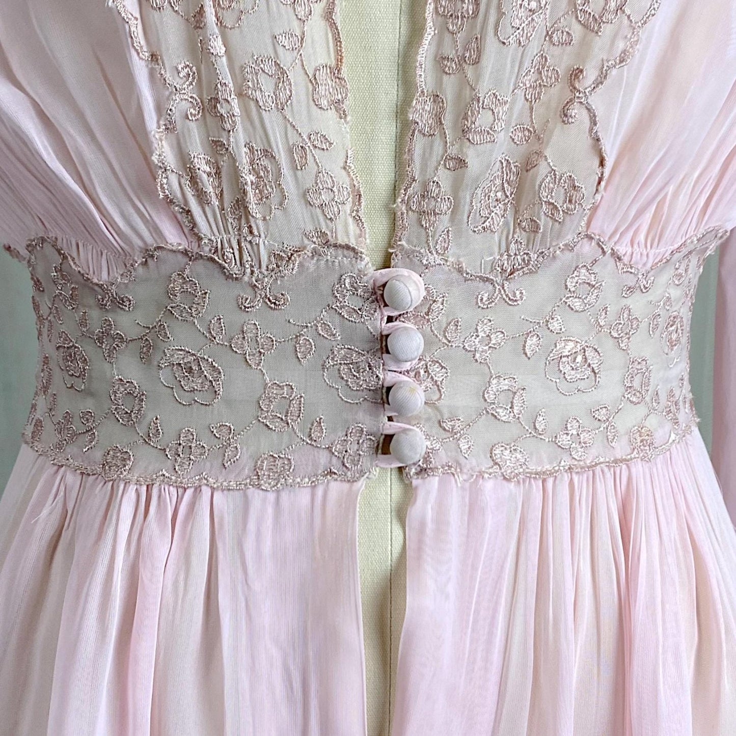 Vintage 1940's Sheer Pink Rayon Chiffon Dressing Gown with Warm Nude Embroidered Lace & Ruffled Bell Cuff Sleeves – Size XS, S - Daggers & Dames