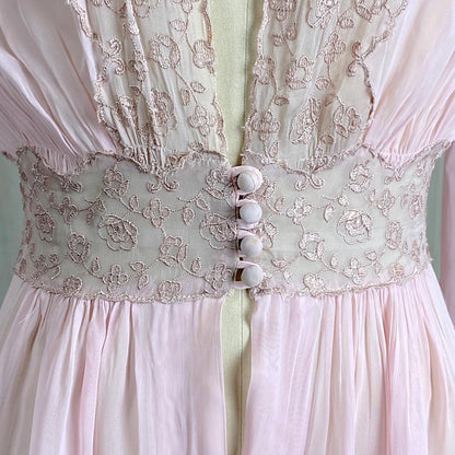 Vintage 1940's Sheer Pink Rayon Chiffon Dressing Gown with Warm Nude Embroidered Lace & Ruffled Bell Cuff Sleeves – Size XS, S - Daggers & Dames