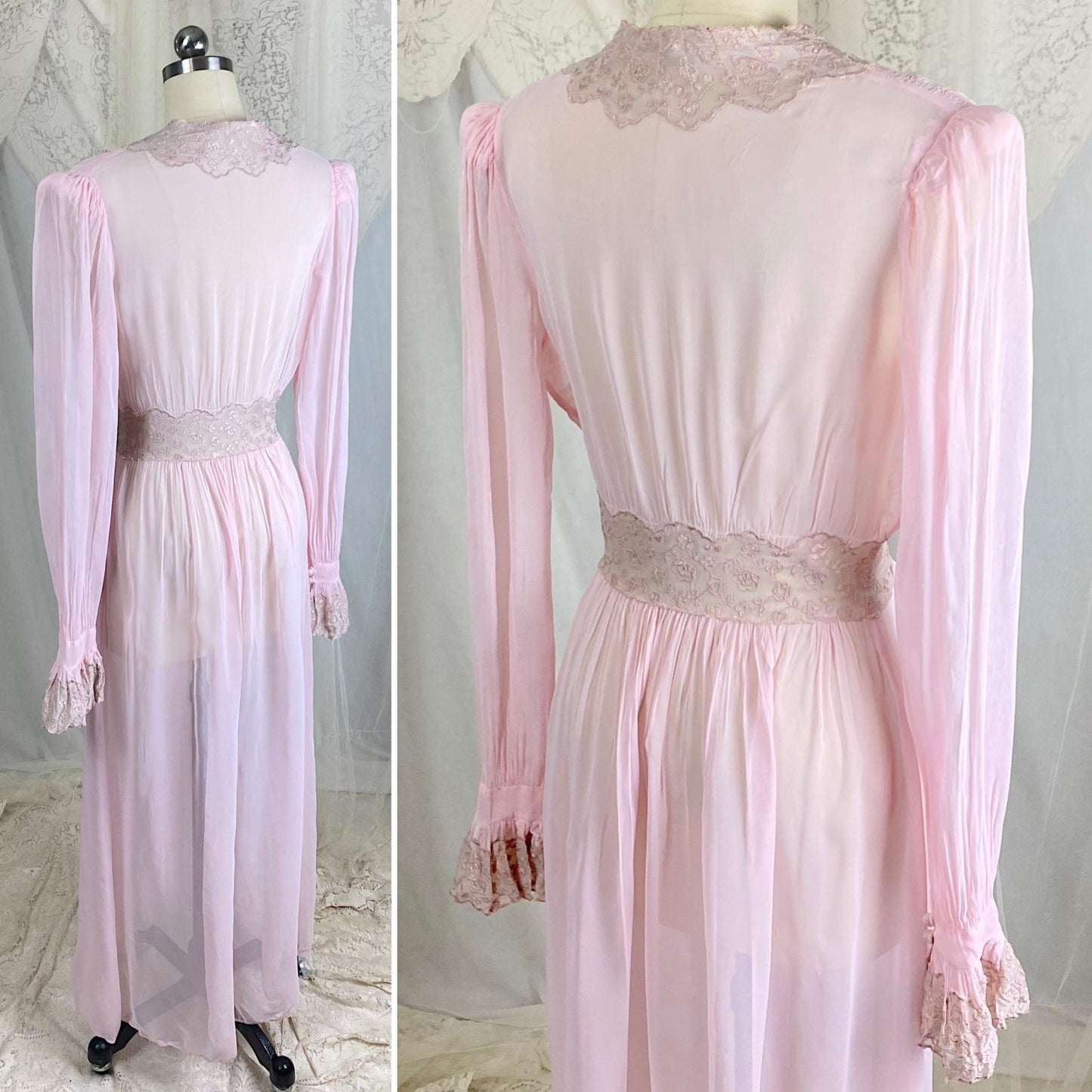 Vintage 1940's Sheer Pink Rayon Chiffon Dressing Gown with Warm Nude Embroidered Lace & Ruffled Bell Cuff Sleeves – Size XS, S - Daggers & Dames