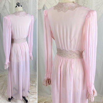 Vintage 1940's Sheer Pink Rayon Chiffon Dressing Gown with Warm Nude Embroidered Lace & Ruffled Bell Cuff Sleeves – Size XS, S - Daggers & Dames