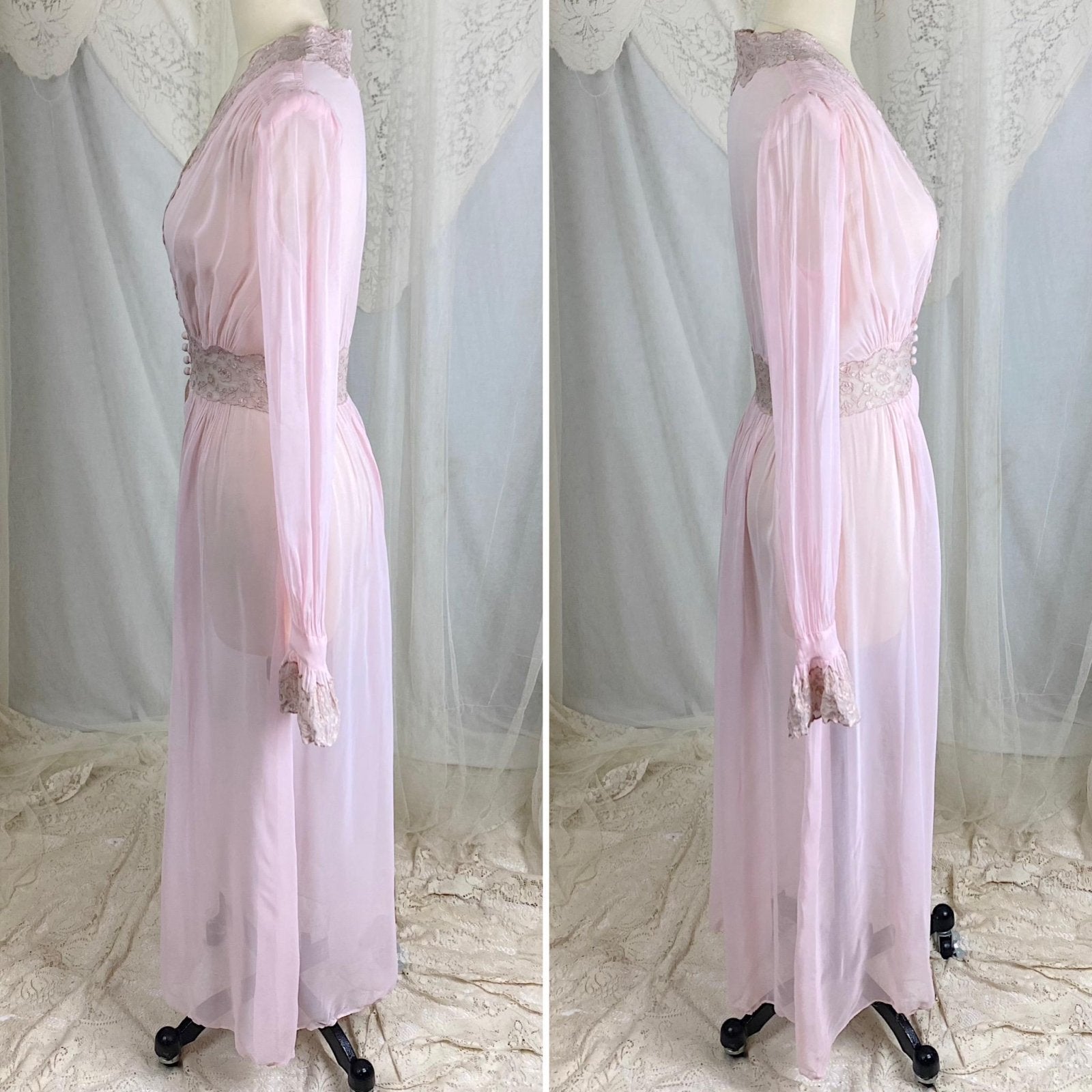 Vintage 1940's Sheer Pink Rayon Chiffon Dressing Gown with Warm Nude Embroidered Lace & Ruffled Bell Cuff Sleeves – Size XS, S - Daggers & Dames