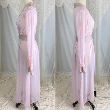 Vintage 1940's Sheer Pink Rayon Chiffon Dressing Gown with Warm Nude Embroidered Lace & Ruffled Bell Cuff Sleeves – Size XS, S - Daggers & Dames