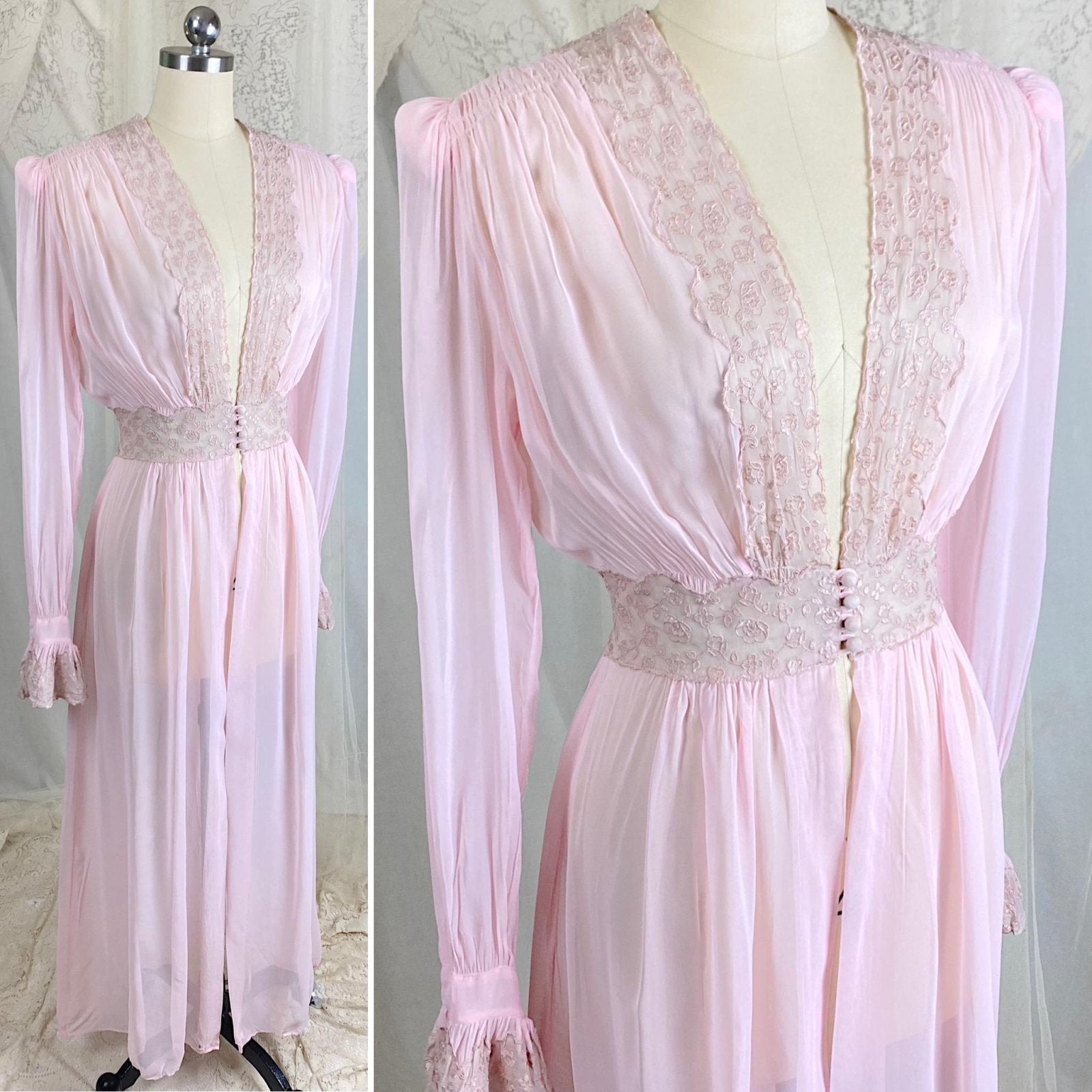 Vintage 1940's Sheer Pink Rayon Chiffon Dressing Gown with Warm Nude Embroidered Lace & Ruffled Bell Cuff Sleeves – Size XS, S - Daggers & Dames