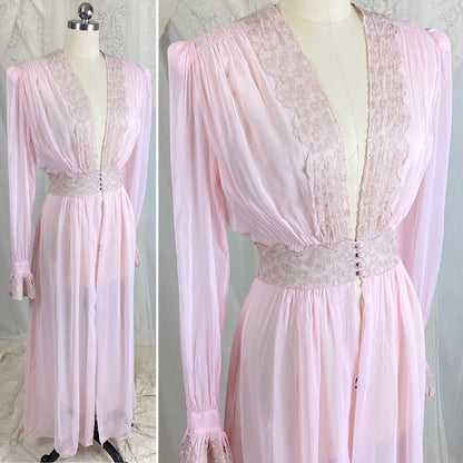Vintage 1940's Sheer Pink Rayon Chiffon Dressing Gown with Warm Nude Embroidered Lace & Ruffled Bell Cuff Sleeves – Size XS, S - Daggers & Dames